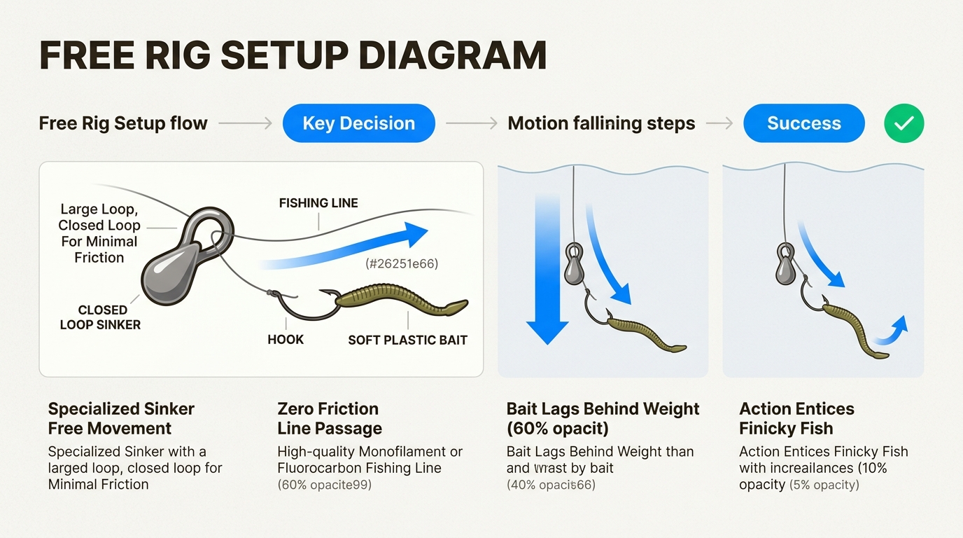 The Free Rig's unique design allows the bait to fall naturally and slowly, mimicking a weightless presentation crucial for triggering bites in deep water.