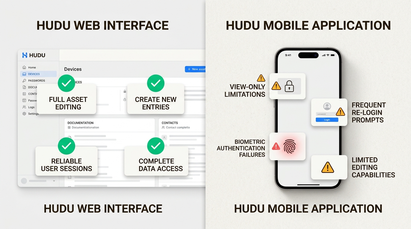 While the Hudu web platform is robust, the mobile app currently lacks critical editing features and session stability for field technicians.