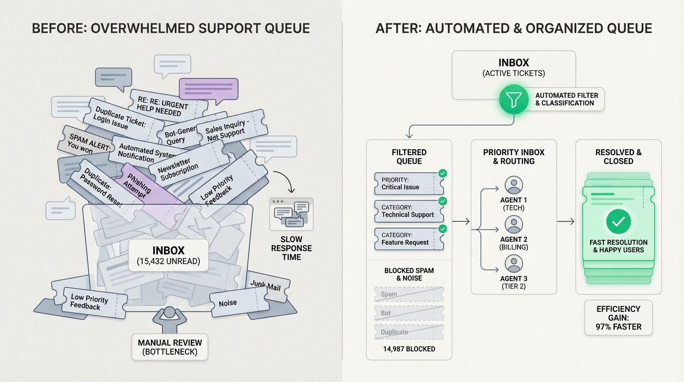 Visueller Vergleich des Spam-Ticket-Chaos vor der Automatisierung und der sauberen Warteschlange danach