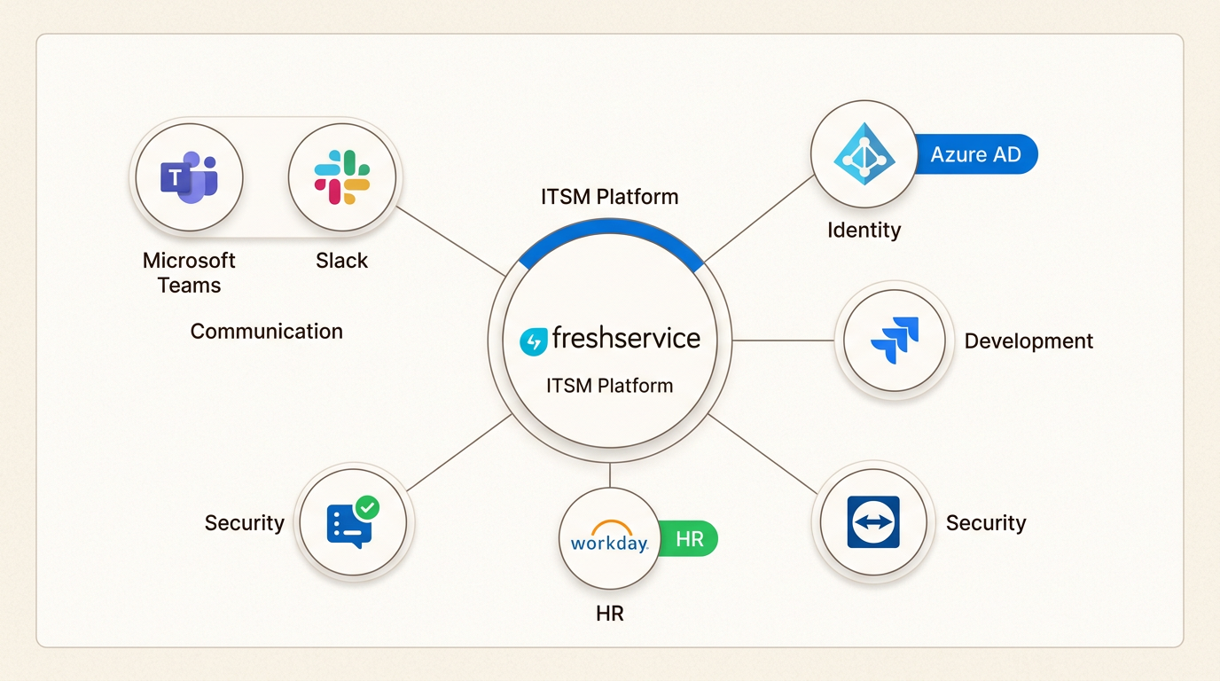 Écosystème Freshservice connectant le service d'assistance aux outils d'entreprise