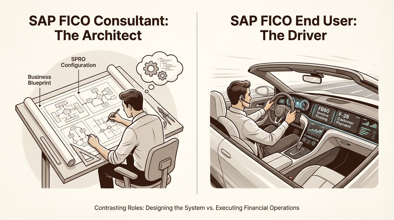An infographic comparing the roles of an SAP FICO Consultant vs End User, showing the consultant as an architect and the end user as a driver.