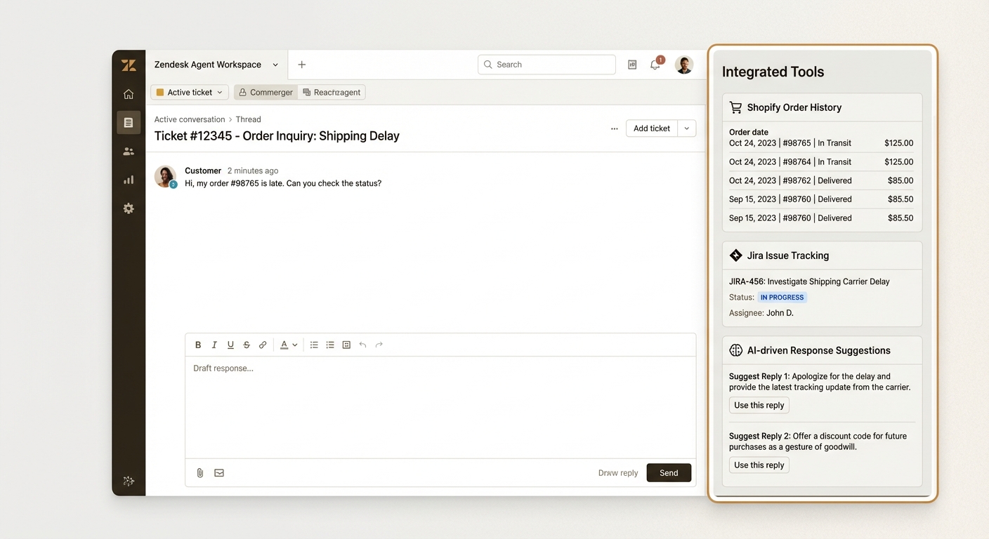 Die Ticket-Sidebar aggregiert Daten von Shopify und Jira und hilft Agenten, komplexe Probleme zu lösen, ohne den Zendesk-Arbeitsbereich zu verlassen.
