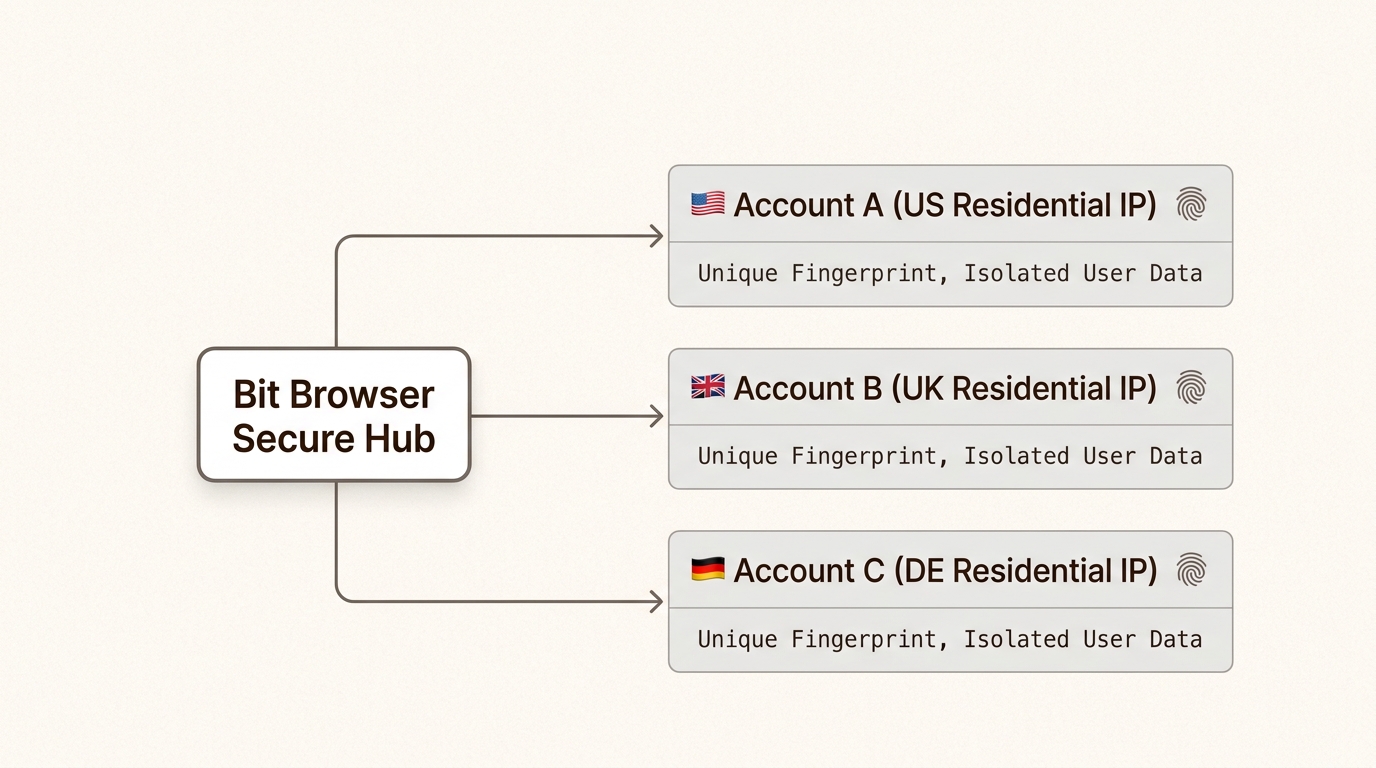 Visualize a secure multi-account matrix architecture, demonstrating how Bit Browser isolates environments, IPs, and identities for robust cross-border operations.