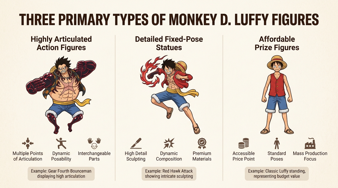 Explore the distinct characteristics of action figures, statues, and prize figures to choose the best Monkey D. Luffy collectible for your display.