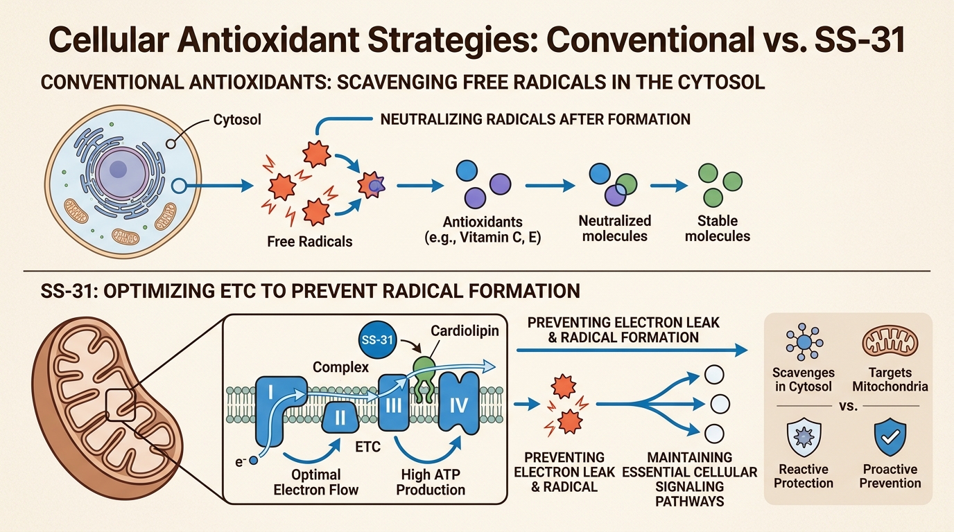 By preventing oxidative stress at the source rather than just cleaning it up, SS-31 reduces damage without interfering with beneficial cellular adaptation.