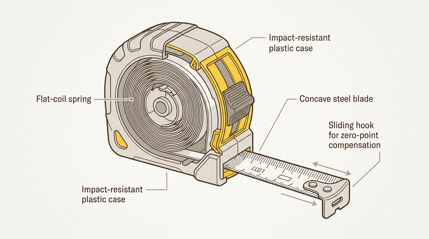 Mechanical components of a tape measure showing the sliding hook and curved blade