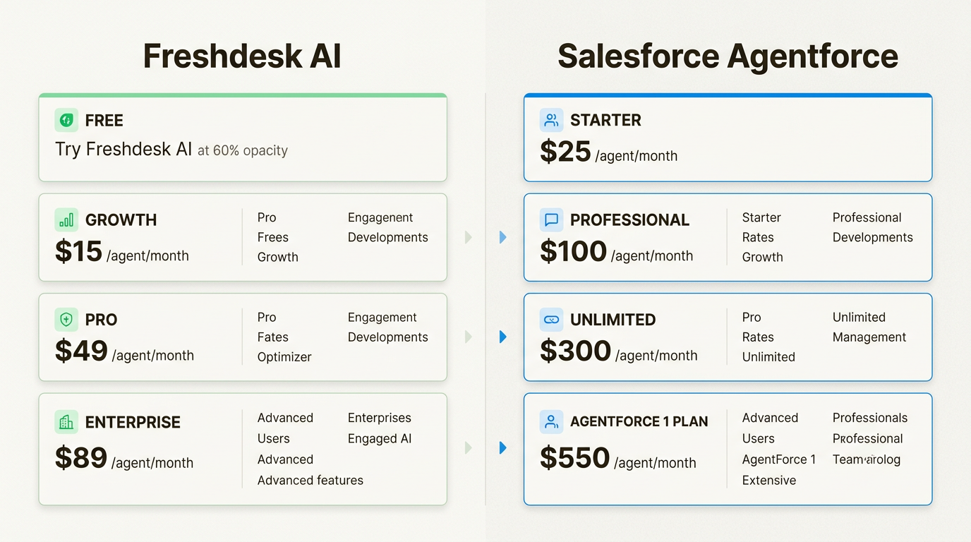 Infografía de comparación de precios que muestra los niveles asequibles para PYMES de Freshdesk frente a los requisitos de inversión empresarial de Salesforce