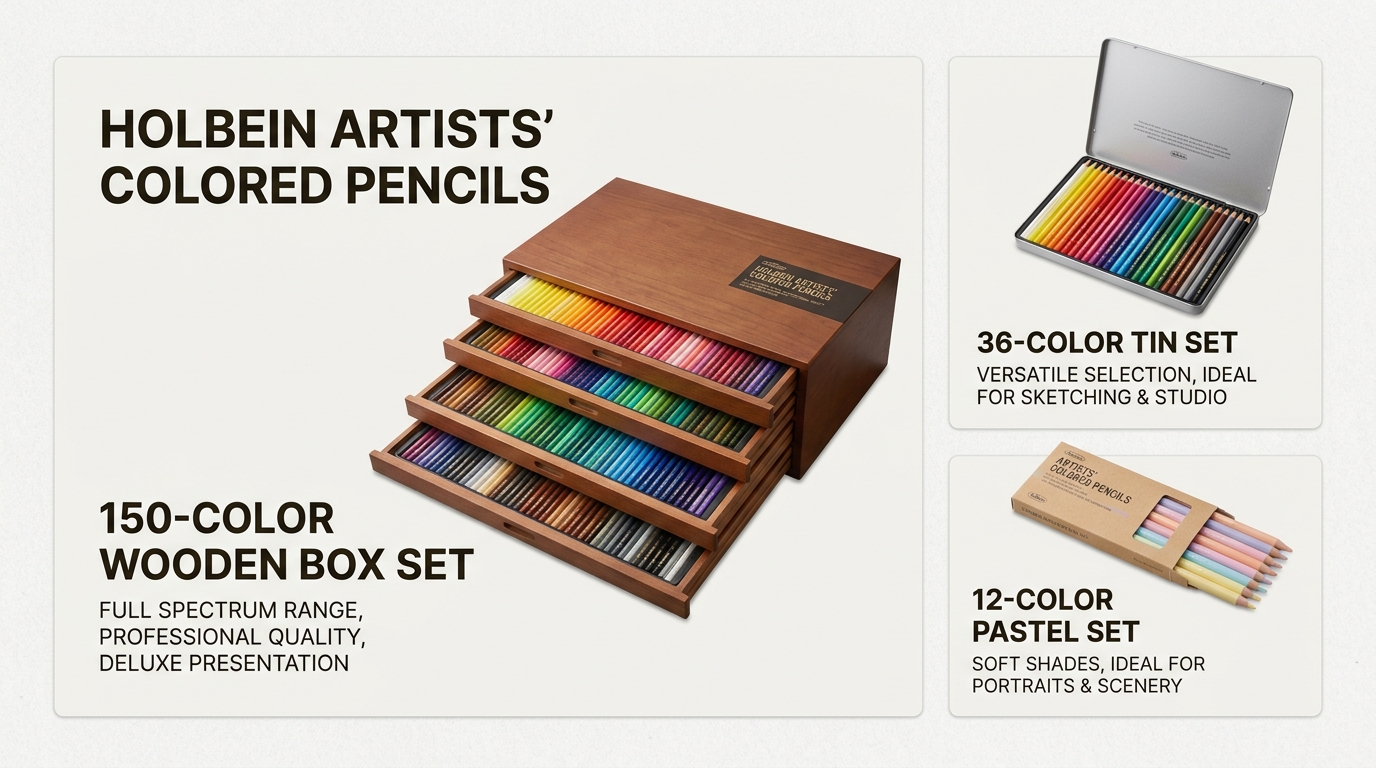 Holbein offers a diverse range of sets, from portable 12-color tins for beginners to the comprehensive 150-color wooden box for professional artists.