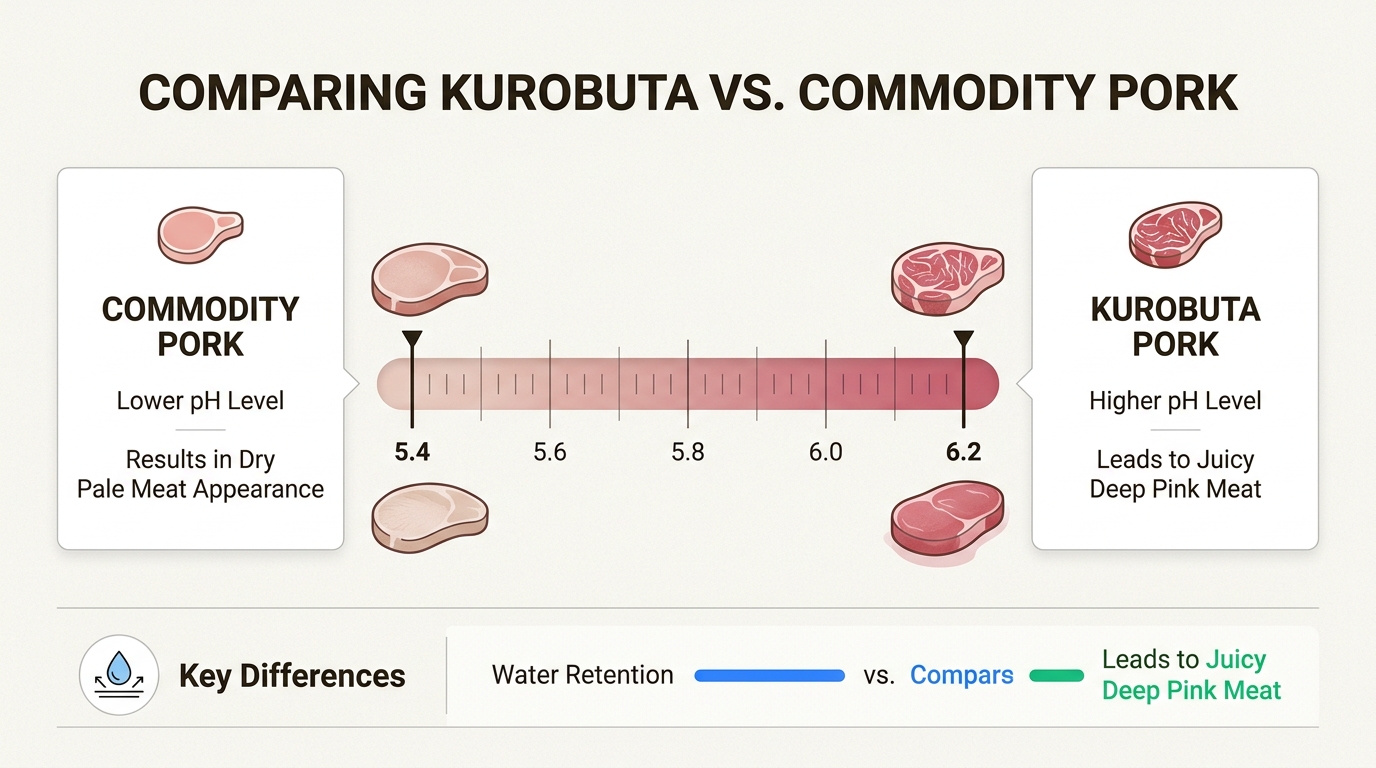 Kurobuta pork's higher pH levels ensure superior moisture retention, delivering a juicier, more flavorful experience compared to commodity pork.