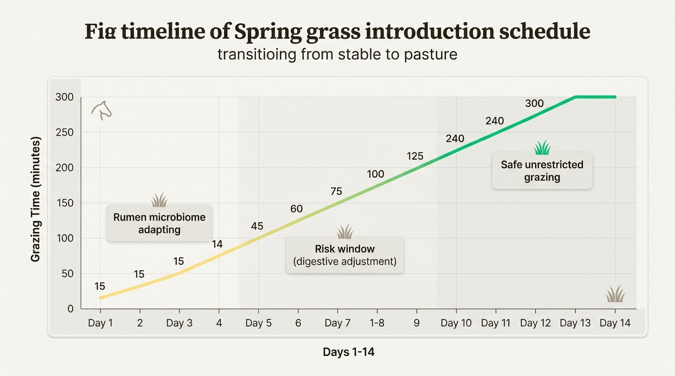 Follow this gradual introduction schedule to safely transition your horse to spring pasture, preventing digestive upset and colic.