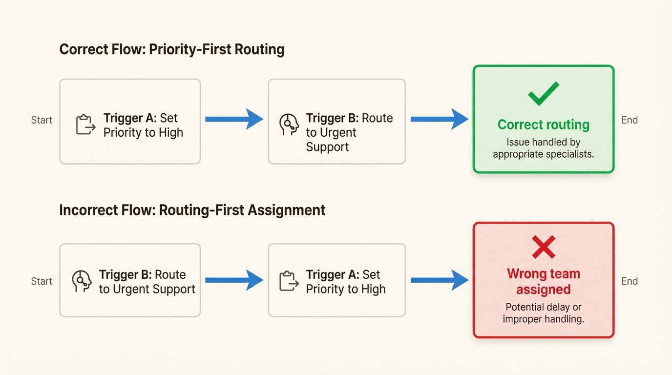 Une séquence de déclencheurs appropriée garantit que les tickets parviennent à la bonne équipe en fonction de la priorité