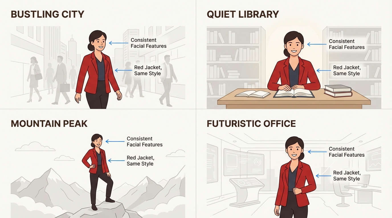 Consistência de personagens em vários quadros para storyboard profissional