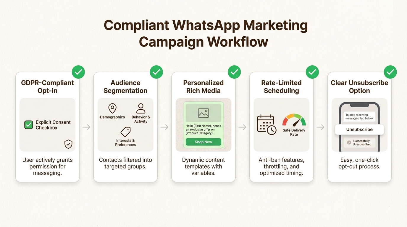 A structured compliance workflow protects your business number from bans while ensuring high-quality interactions with your subscribers.