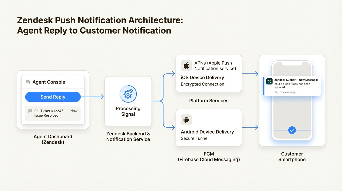 Fluxo de ponta a ponta do Zendesk coordenando com os serviços de notificação push da Apple e do Google
