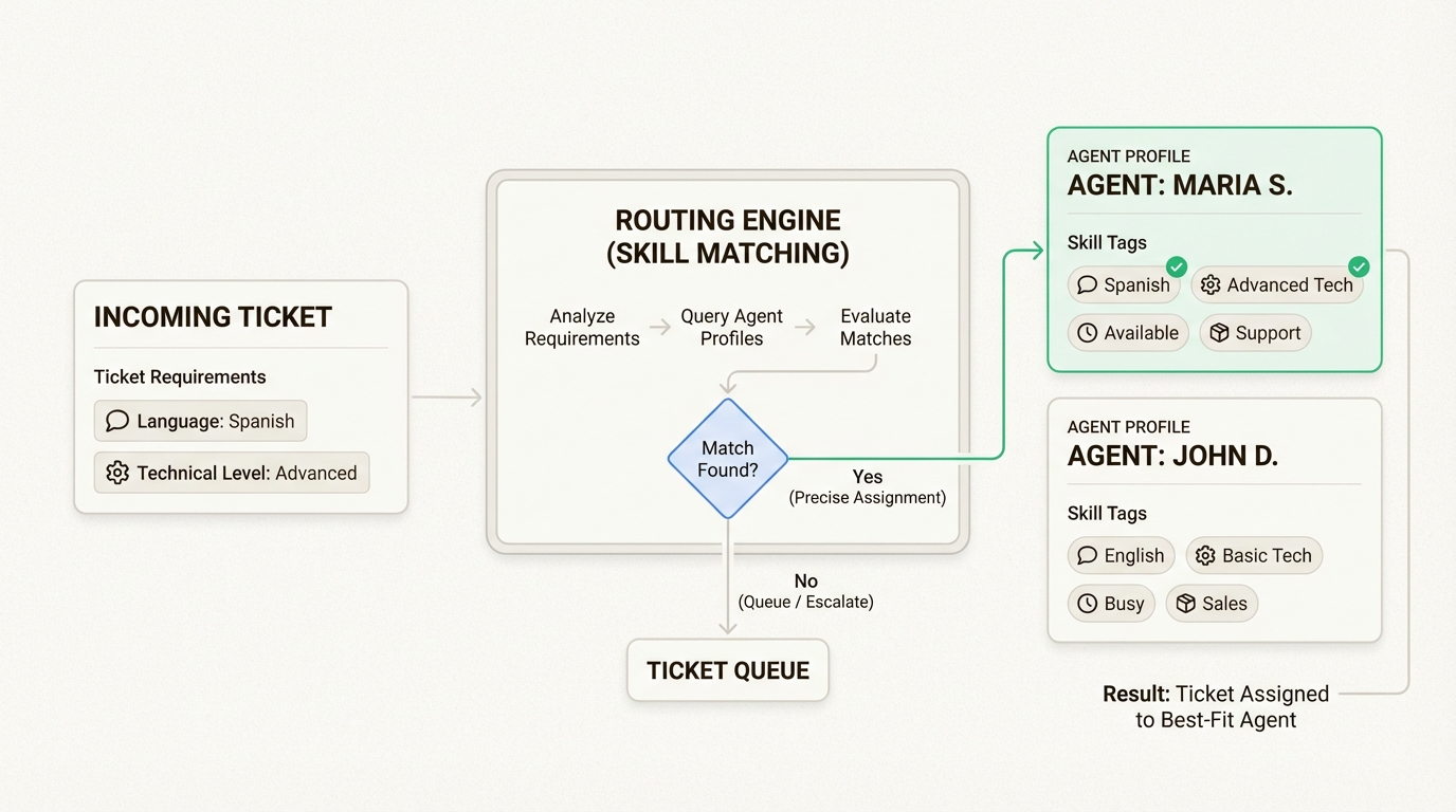 O roteamento baseado em habilidades garante que tickets complexos ou especializados ignorem as filas gerais para alcançar agentes com a experiência específica necessária para a resolução