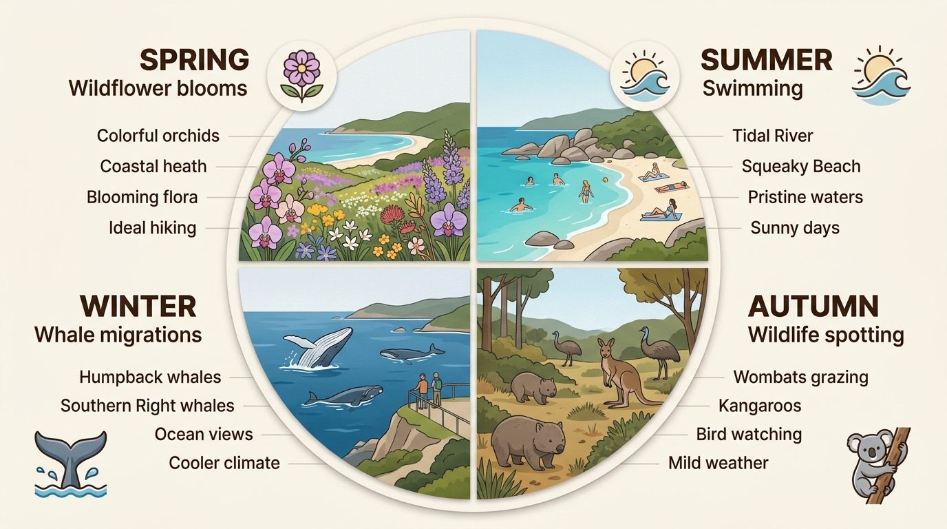 Seasonal highlights include whale watching in winter and wildflower blooms in spring