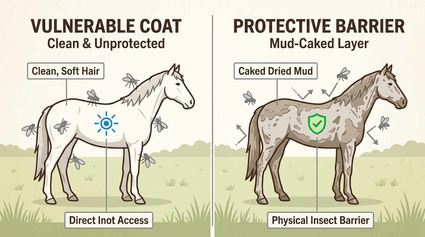 A layer of dried mud serves as a natural defense mechanism, making it difficult for biting insects to reach the horse's skin.