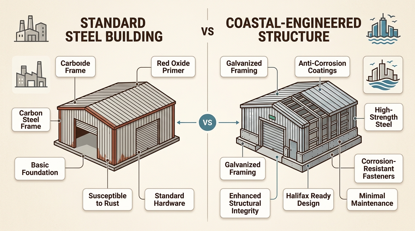 Specialized coastal engineering, including galvanized steel and advanced coatings, is crucial for the long-term durability of industrial infrastructure in Halifax's challenging climate.