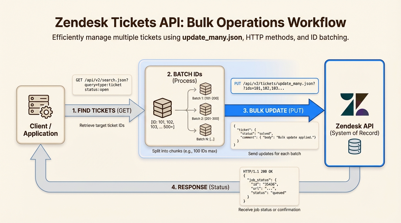 Um infográfico mostrando o fluxo de trabalho da API de Tickets do Zendesk para operações em massa com trechos de código e detalhes do endpoint.