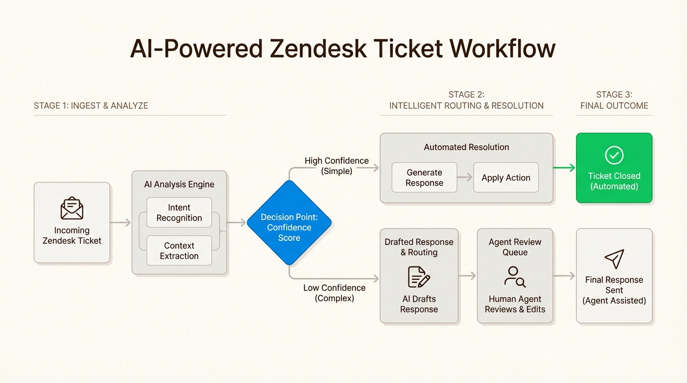 L'intégration de l'IA accélère les temps de réponse en automatisant les demandes de routine et en préparant des brouillons pour les tickets complexes dans l'interface Zendesk.