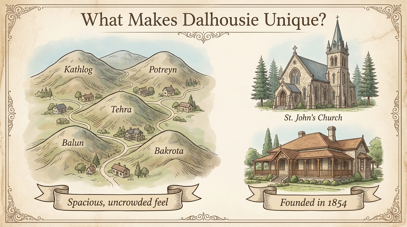 An infographic explaining what makes Dalhousie unique, showing its five hills and colonial architecture, highlighting it as one of the underrated hill stations in India Dalhousie.