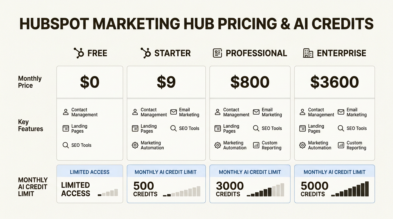 La comparación de estos niveles ayuda a las empresas a alinear su presupuesto con el volumen de crédito de IA específico requerido para sus necesidades mensuales de automatización de marketing y ventas.