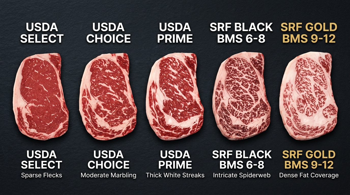 See how Snake River Farms grades surpass USDA Prime standards, providing the dense marbling necessary for a buttery texture.