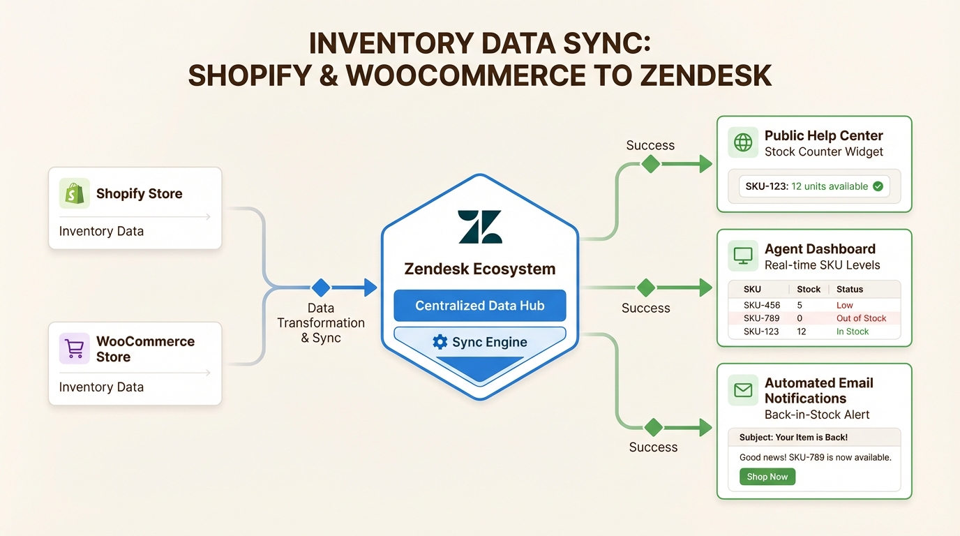 Eコマース在庫とZendeskを同期することで、顧客がすべてのサポートチャネルで在庫情報をセルフサービスできるようにすることで、チケット量を削減します。