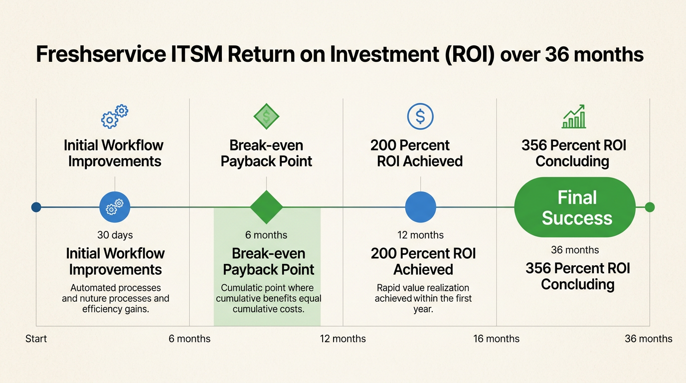 Chronologie de la livraison de valeur de Freshservice montrant une période de récupération de six mois et des rendements financiers à long terme.