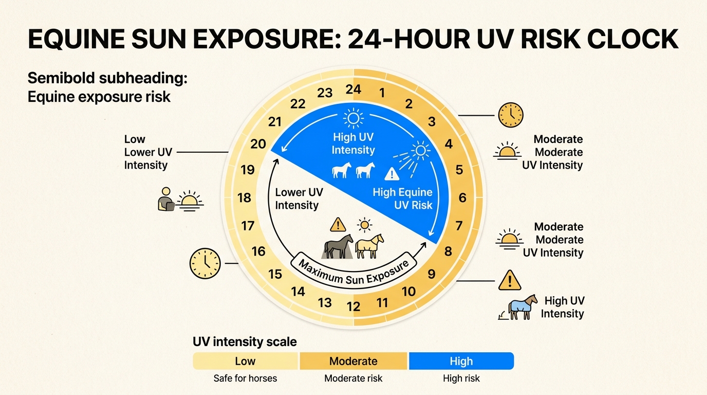 Scheduling turnout during dawn or dusk avoids the peak UV hours when the sun is most damaging to a horse's sensitive skin.