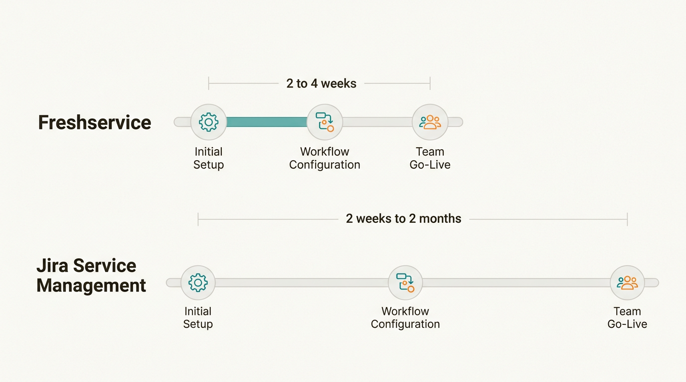 Os prazos de implementação diferem significativamente, com o Freshservice oferecendo implantação mais rápida, enquanto o Jira Service Management requer mais planejamento e configuração extensivos.