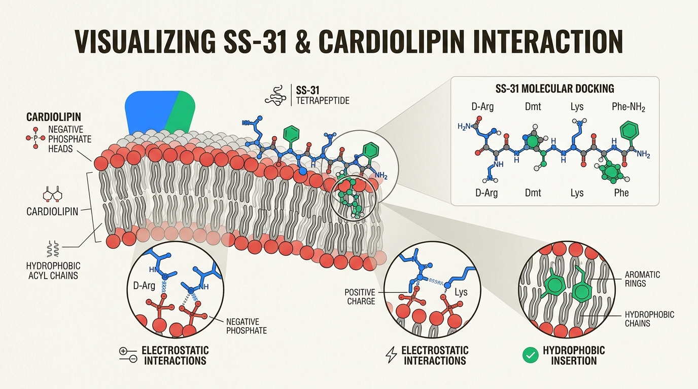 SS-31 targets and shields cardiolipin from oxidative stress, effectively repairing the mitochondrial membrane and restoring the cell's ability to generate ATP efficiently.