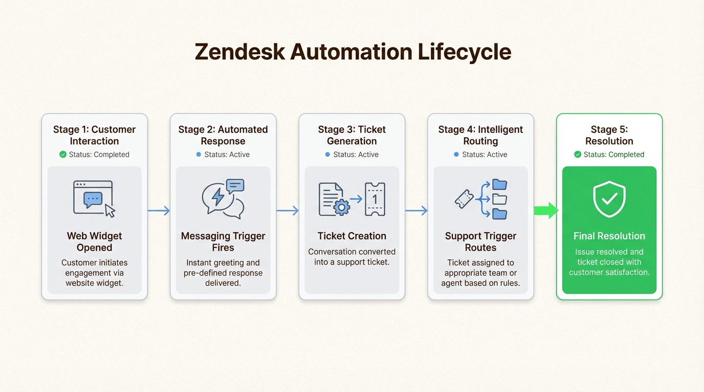 Chronologie montrant le point de transfert où les déclencheurs de messagerie terminent leur travail et les déclencheurs de support commencent à gérer le cycle de vie du ticket.