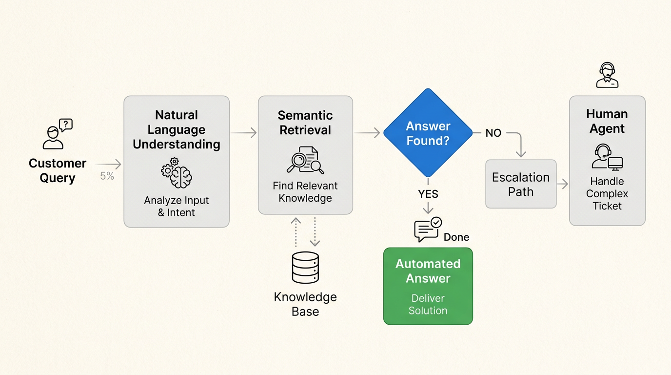 Este flujo de trabajo automatizado demuestra cómo la IA filtra las consultas rutinarias al tiempo que garantiza que los problemas complejos se transfieran sin problemas a los expertos humanos.