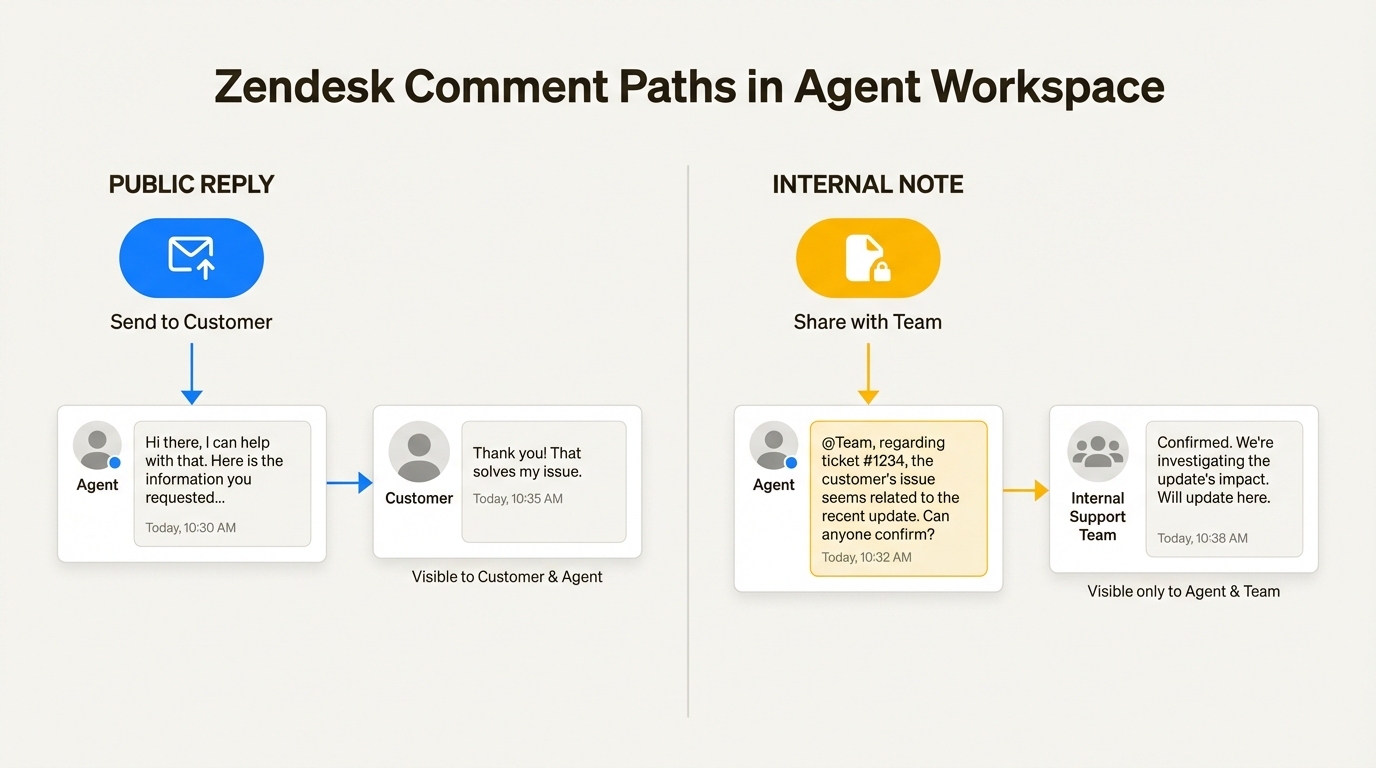 Guide visuel distinguant les réponses destinées aux clients des discussions d'équipe privées