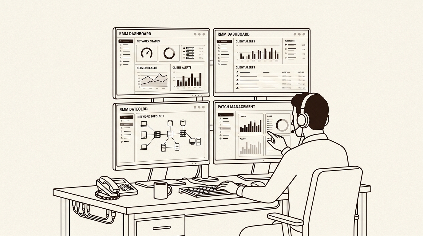 MSP technician evaluating multiple RMM platform interfaces side by side