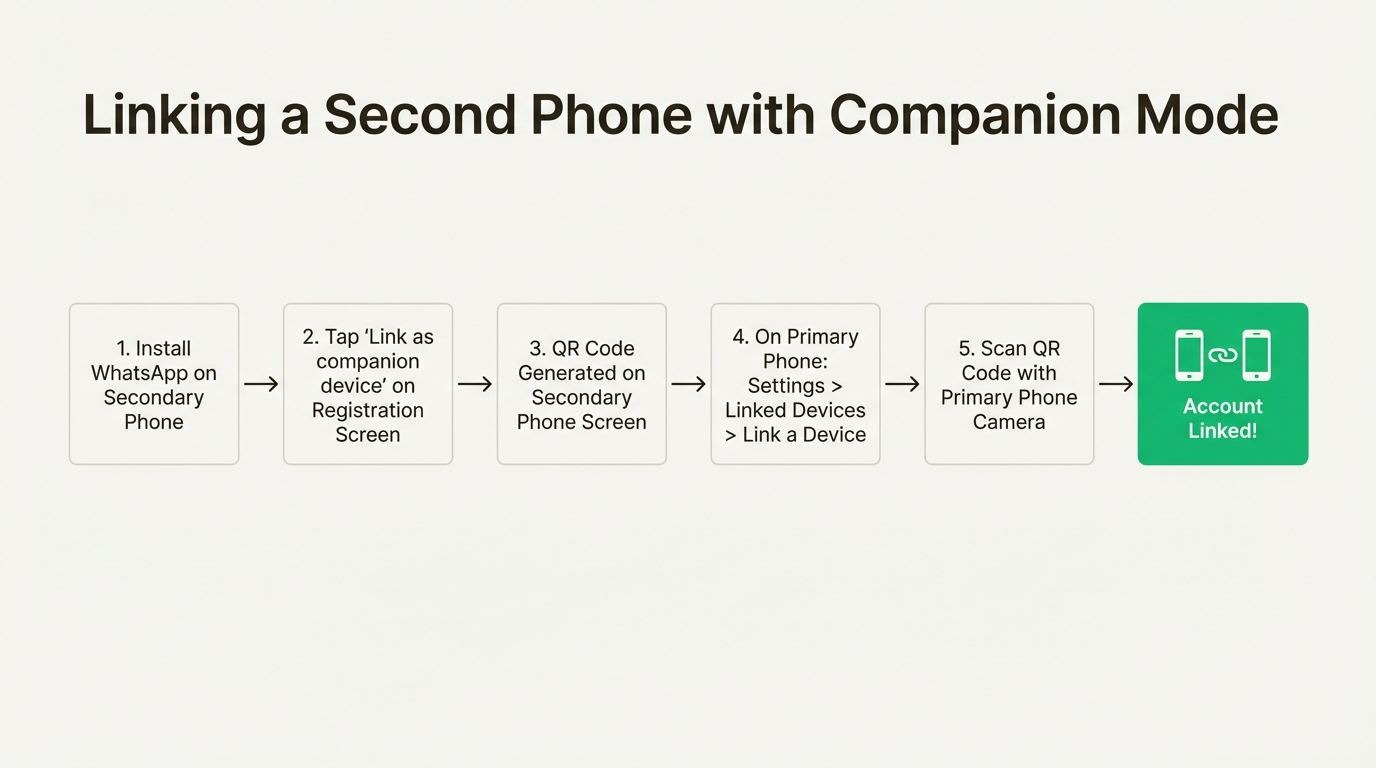 A workflow diagram illustrating the steps for setting up a WhatsApp login on a second phone using companion mode and a QR code scan.