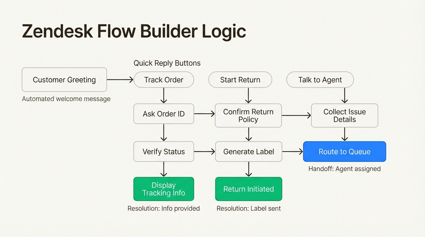 Mapear os branches de conversa ajuda a visualizar como as respostas rápidas guiam os clientes para resoluções automatizadas ou suporte ao vivo.
