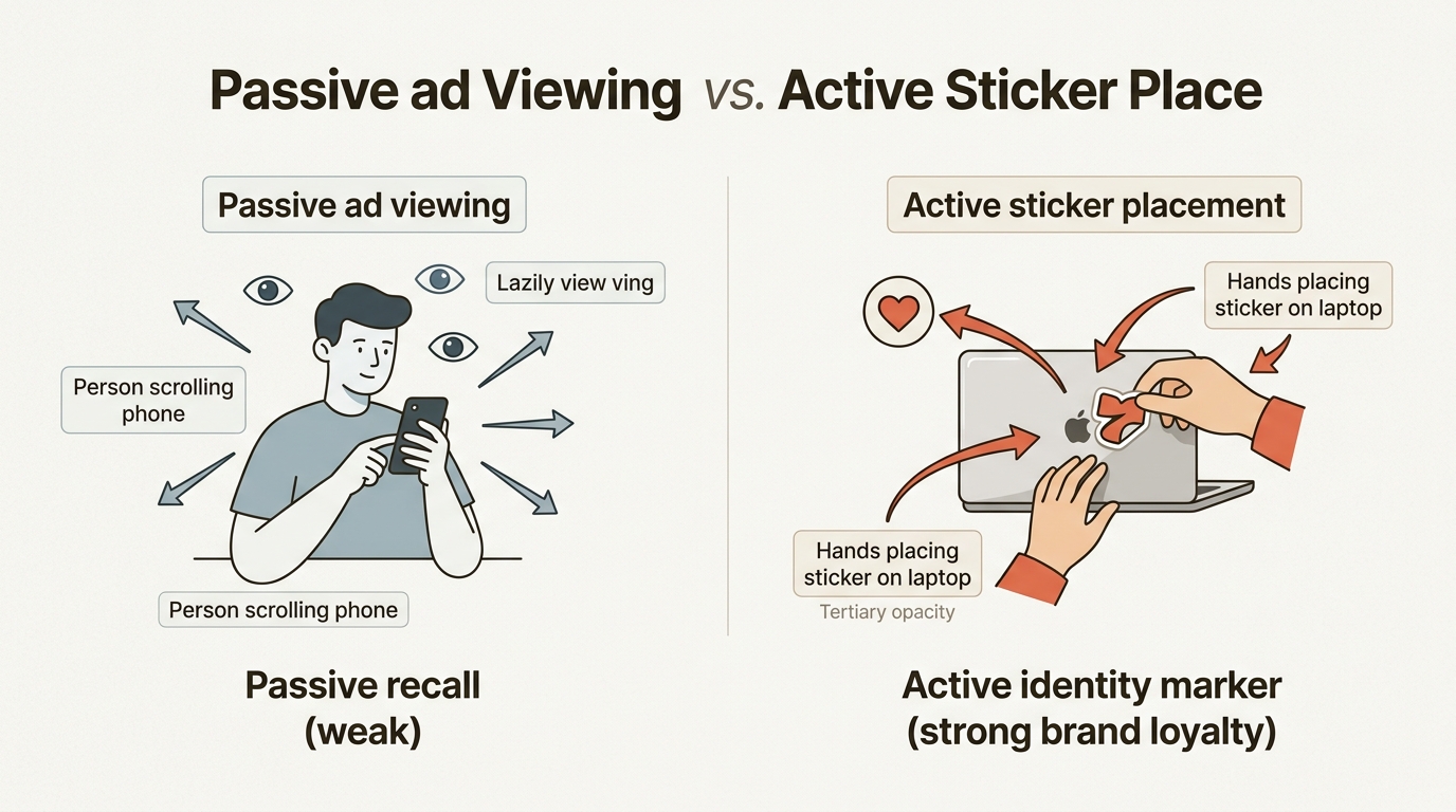 Discover how the active choice to display a sticker fosters significantly stronger brand loyalty compared to passive advertising exposure.