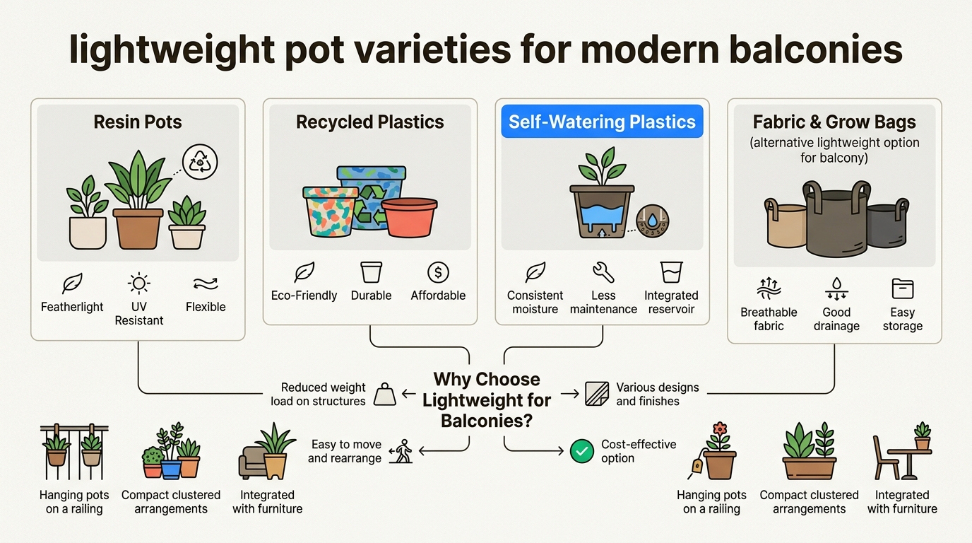 A variety of lightweight resin and plastic pots suitable for balconies.