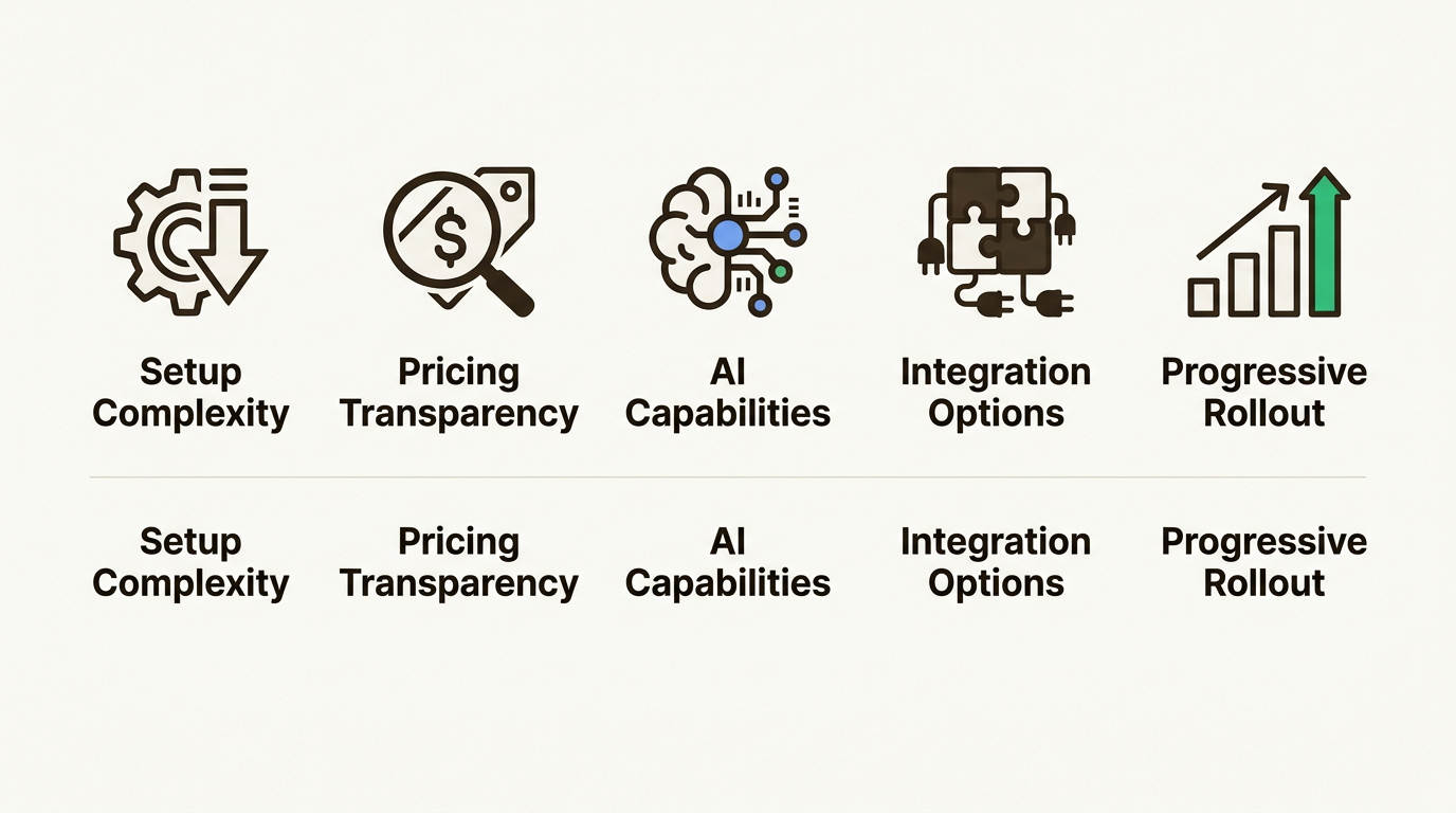 Five criteria icons for evaluating AI helpdesk solutions