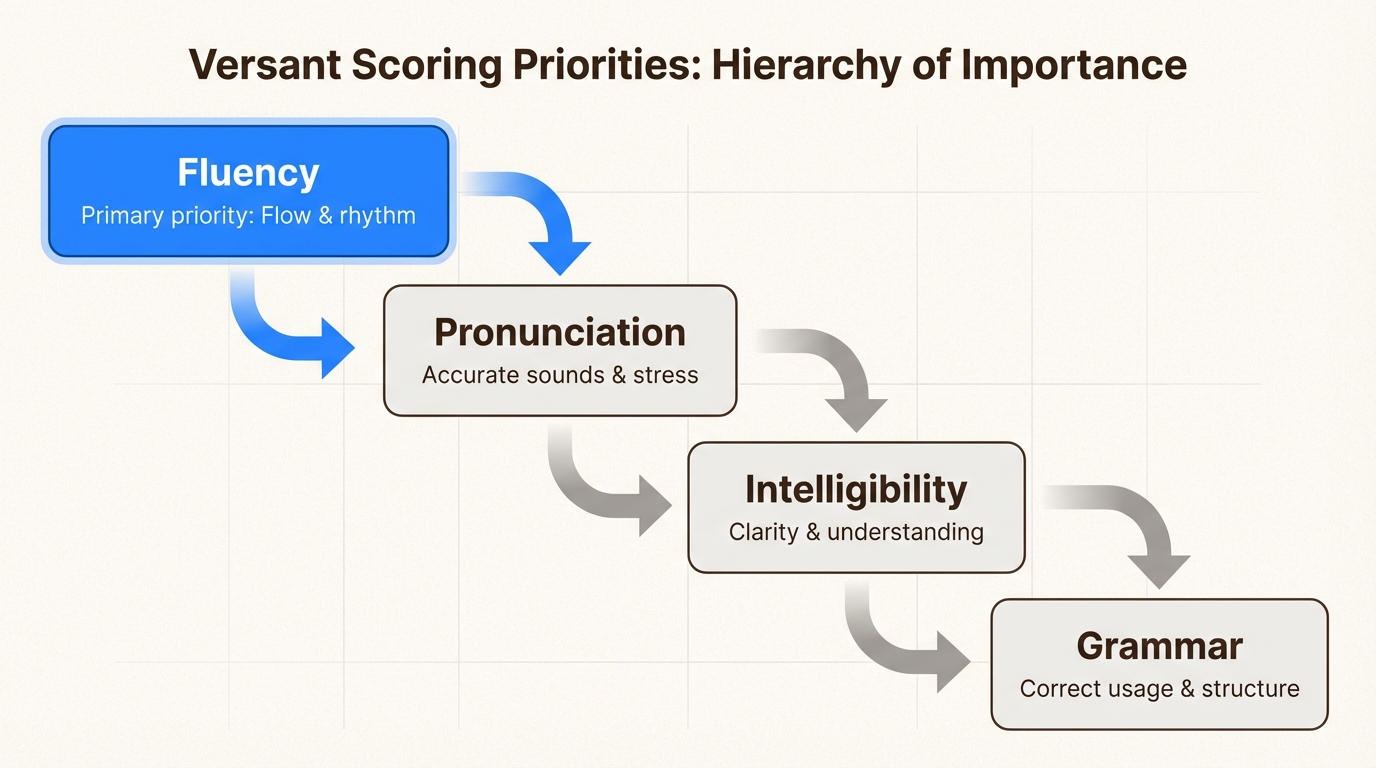 Versant scoring hierarchy from fluency to grammar