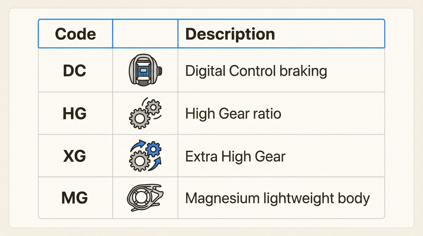 Understand key Shimano reel technologies and features by decoding their product designations, aiding in manual searches.