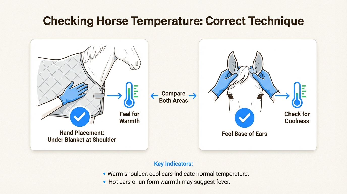 The ear and shoulder test is the most reliable way to check if your horse is comfortable under layered blankets