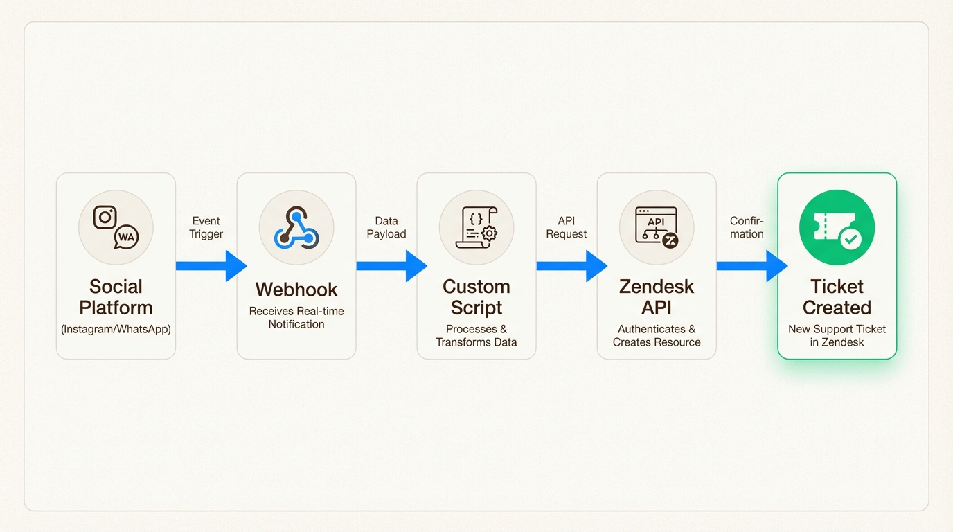カスタムAPIワークフローは、サポートされていないソーシャルプラットフォームをWebhookとスクリプトを介してZendeskに接続します