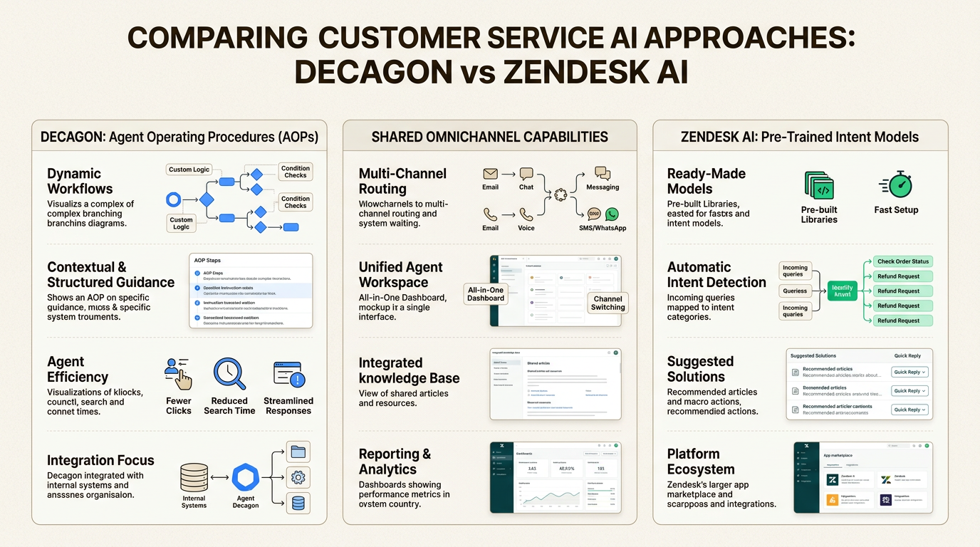 Esta comparación destaca las diferencias estructurales entre los flujos de trabajo personalizables de Decagon y los agentes de IA integrados en el ecosistema de Zendesk.
