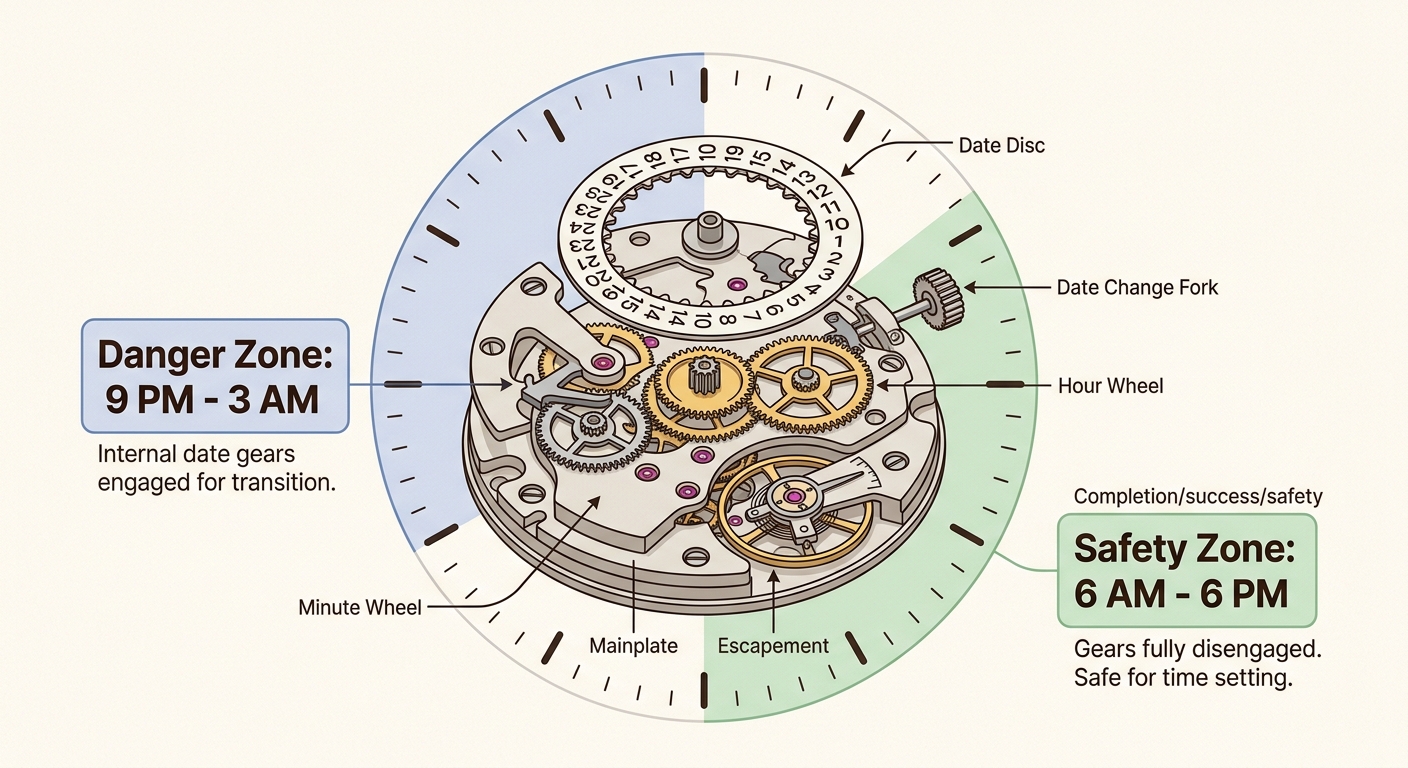 Learn to identify the mechanical watch 'danger zone' for date setting, preventing potential damage to your valuable timepiece.