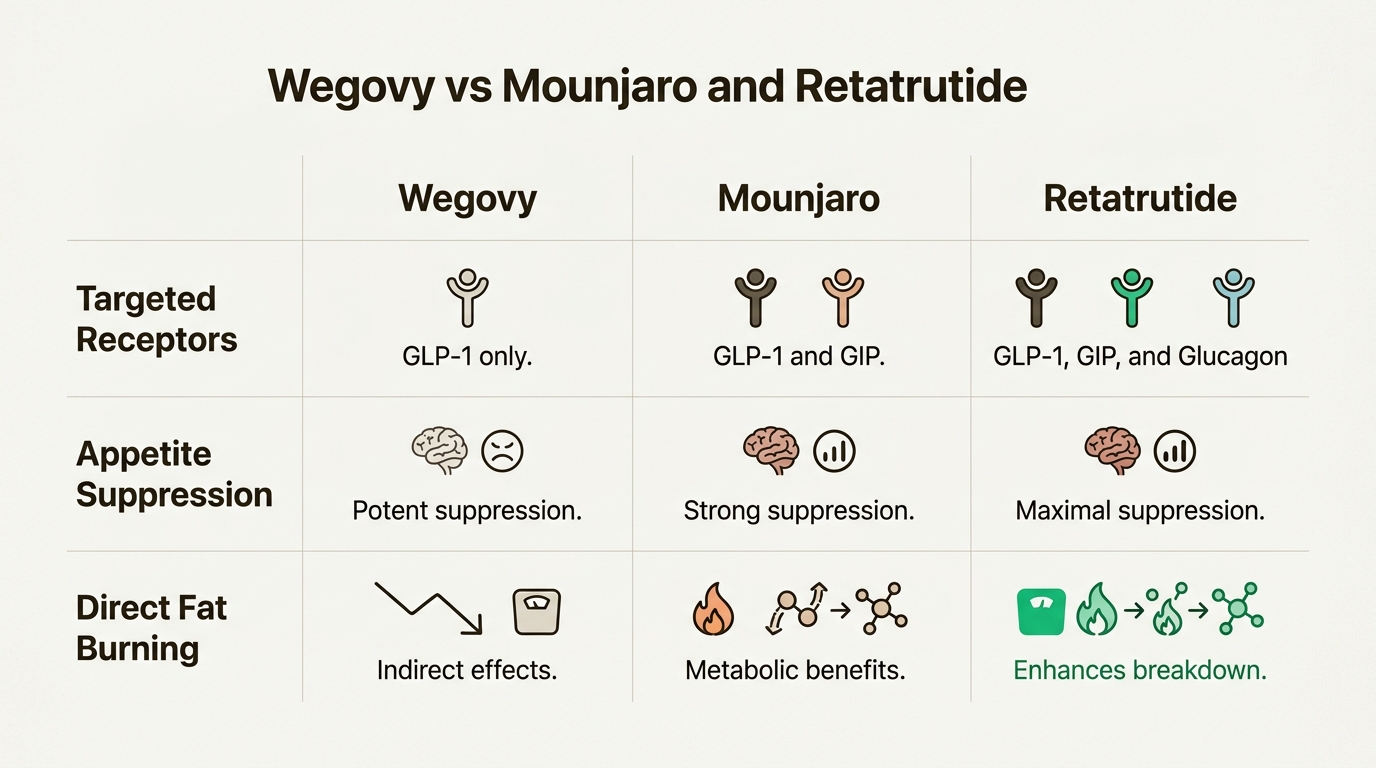 Retatrutide's triple agonist approach targets more metabolic pathways, offering a comprehensive weight loss strategy compared to existing treatments.