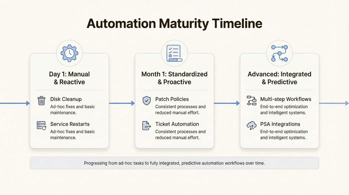 RMM automation maturity progresses from simple scripts to complex workflows over time