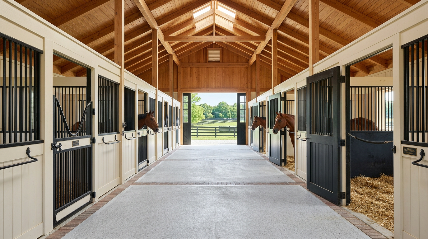 Strategic barn design using open doors and breezeways creates natural airflow to lower indoor temperatures and improve respiratory health.